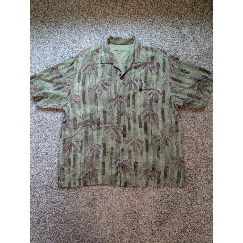 Tommy Bahama Shirt Mens XL Green Palm Tree Silk Blend T33247 Hawaiian Camp Shirt